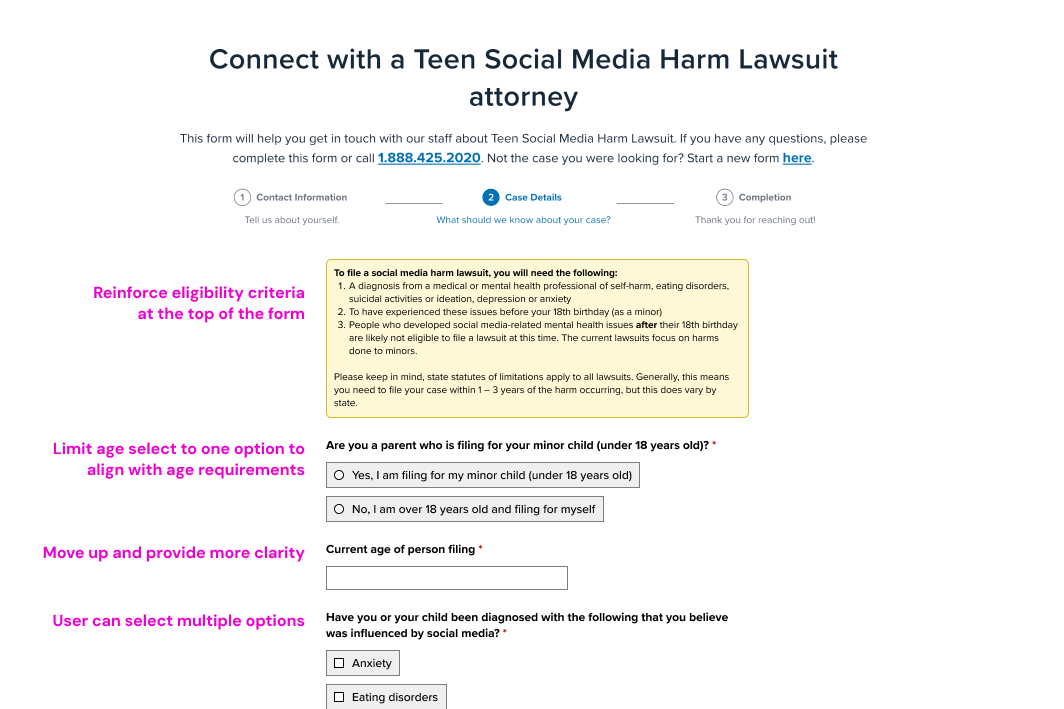 Law firm lead form questions